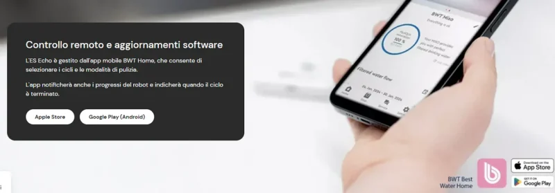 BWT ES Echo Senza Fili Cordless – APP Bluetooth / WiFi – Navigazione Ultrasuoni – Gyro – Robot Pulitore Piscina a Batteria da 4 a 12 Mt – FONDO + PARETI + LINEA – NOVITA’ 2025 - immagine 8